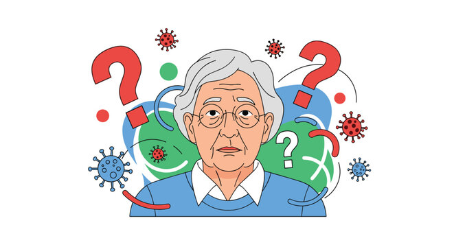 Elderly woman with gray hair looking confused and surrounded by question marks and virus particles representing dementia.
