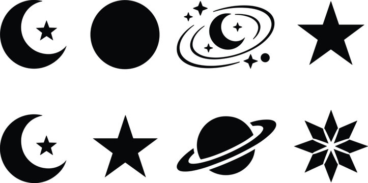 Celestial moon star planet and galaxy icon set featuring astronomy space symbols and cosmic elements
