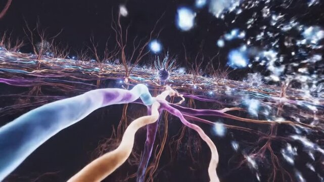 Neurons interact in a complex nervous system with glowing synapses