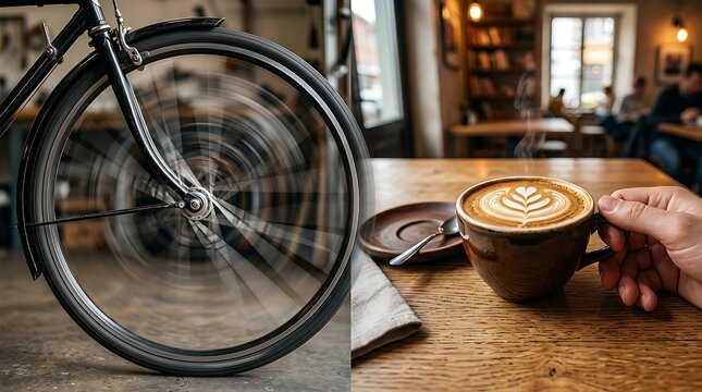 Urban lifestyle contrast of a spinning bicycle wheel and warm latte