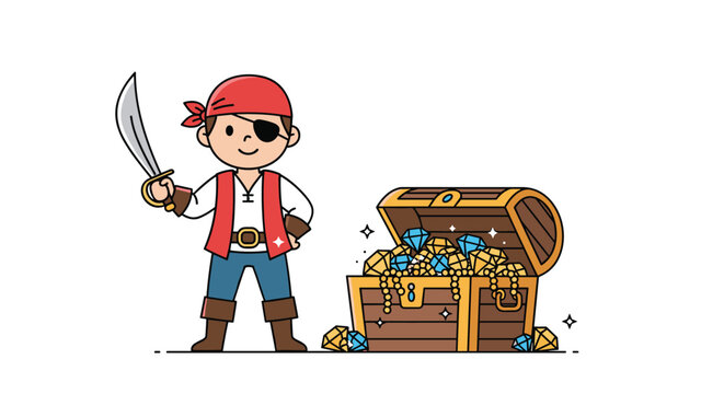 Cute pirate character with eye patch and sword stands proudly next to a large wooden treasure chest overflowing with shiny jewels.