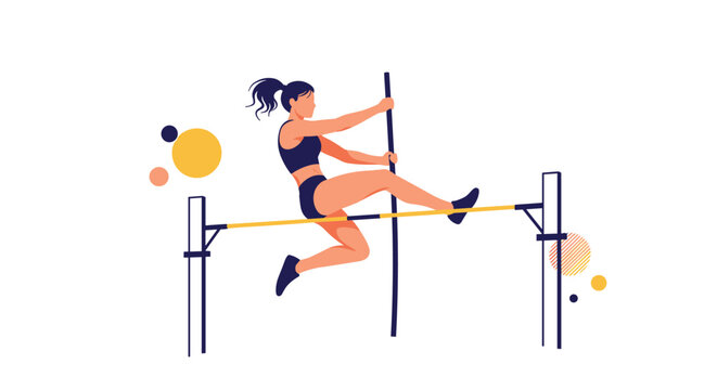 Professional female athlete performing a pole vault jump over a high bar with abstract geometric shapes in background.