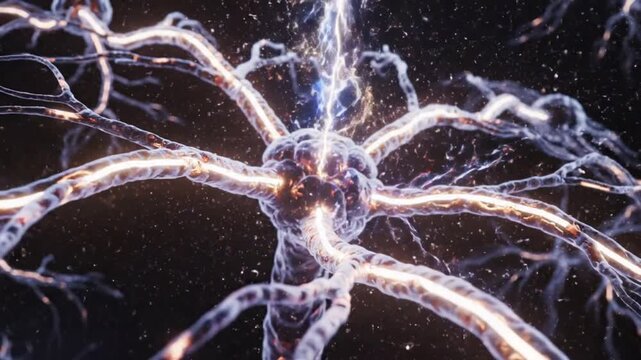 Neuron cell with dendrites and axon glowing brightly in dark