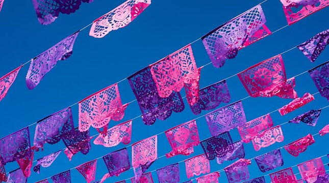 Mexican papel picado banners hanging against a blue sky