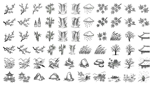 Black ink nature icon set with trees, branches, flowers, grass, rocks, mountains, clouds, arrows and small garden landscape symbols