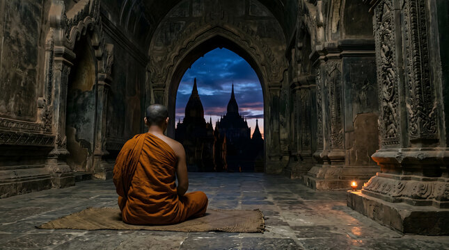 Buddhist Monk in Saffron Robe Meditating Inside Carved Stone Temple Hall at Twilight