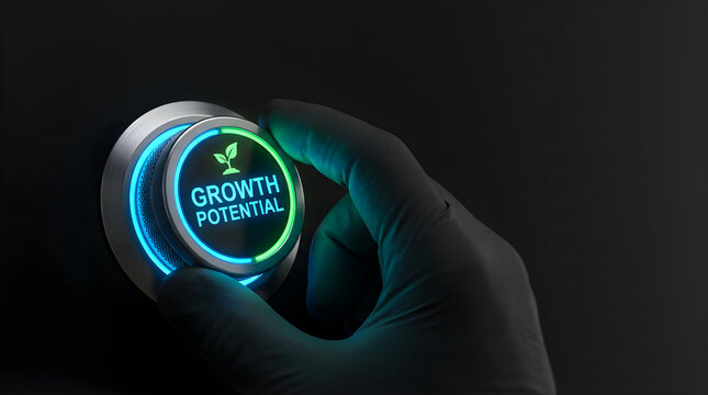 Hand turning a glowing dial to activate growth potential with a digital silhouette interface