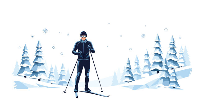 Skilled athlete practices cross-country skiing through a serene winter landscape filled with snow-covered pine trees and falling flakes.