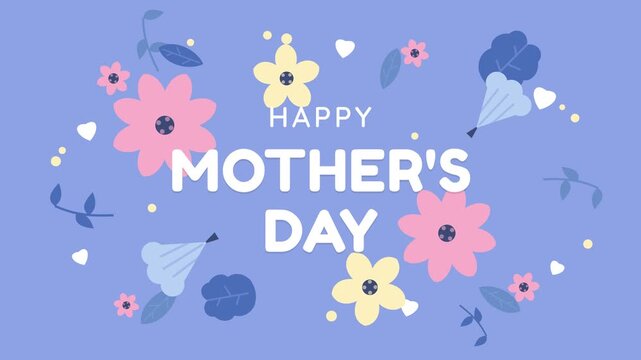 Happy Mothers Day Greeting Card with Pastel Floral Decoration and Botanical Elements on Blue Background Typography