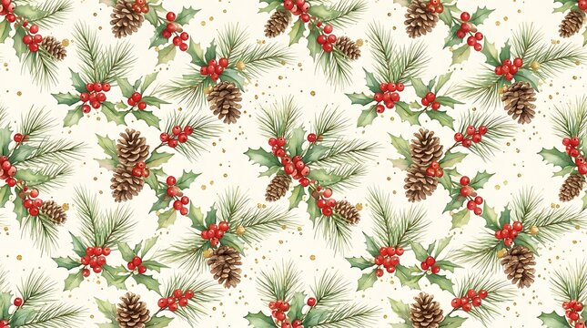 Watercolor christmas pattern with pinecones and holly berries