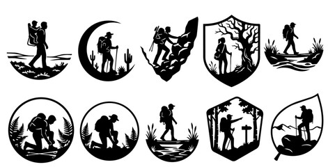 Obraz premium Hiking Adventure Silhouette Bundle Vector Icons | Backpacker Trekking Camping Outdoor Nature Logo Set