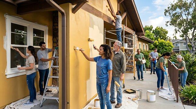 Diverse group of people painting a house exterior together