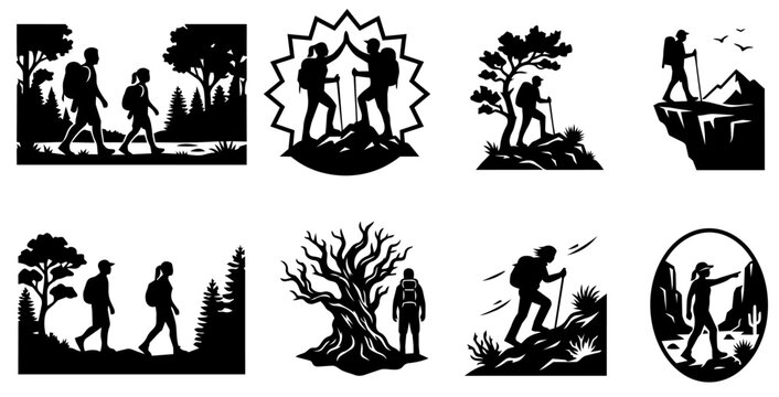 Hiking Adventure Silhouette Bundle Vector Icons | Backpacker Trekking Camping Outdoor Nature Logo Set