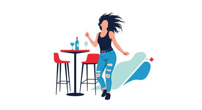 Confident young woman dancing alone in a stylish bar or lounge with a table and drinks in the background scenery.