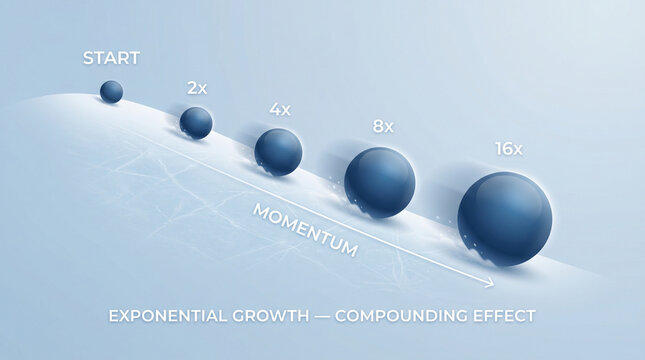 Abstract visualization of exponential growth, compounding effect, momentum, increasing size spheres, start to 16x, scientific concept, financial progress illustration.