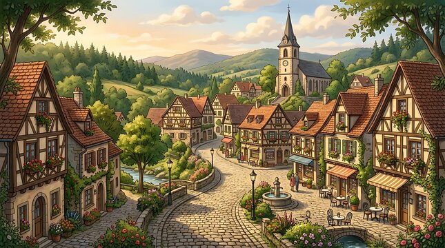 Scenic old european village with half timbered houses and church
