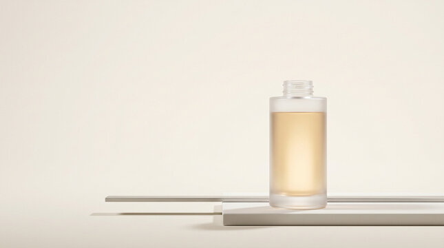 Minimalist 3D functional beverage elixir glass bottle for premium wellness subscription software and cognitive focus health app hero banner