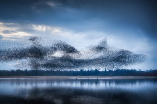 View of a massive starling murmuration forming a fish shape over the calm waters of Lough Ennell with kayakers below in County Westmeath, Ireland.