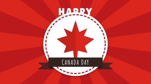 Happy Canada Day Greeting Animation with Red Maple Leaf and Sunburst Background for National Holiday Celebration