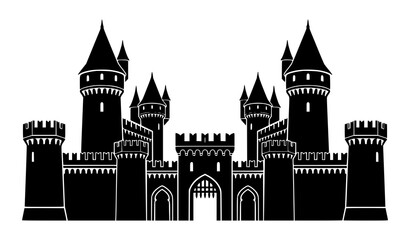 Black Medieval Castle Silhouette Vector with Towers and Fortified Walls © Md Humaun