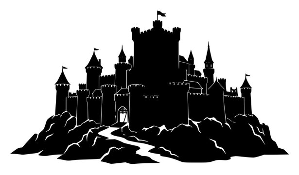 Hilltop Medieval Castle Black Silhouette Vector Illustration