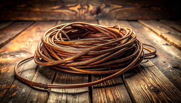 Coil of Old Copper Wires and Frayed Cables on Weathered Wood Floor