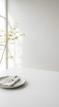 Minimalist white table setting with ceramic plate and plant shadows