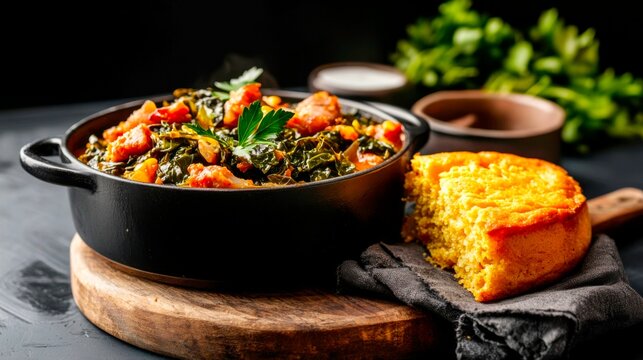  A rustic pot of slow-cooked collard greens with smoked turkey or ham hock is in the foreground