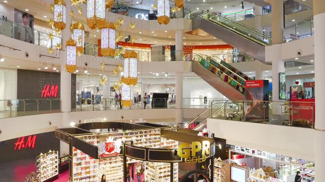 night time penang island george town city center famous mall main hall interior slow motion panorama 4k malaysia