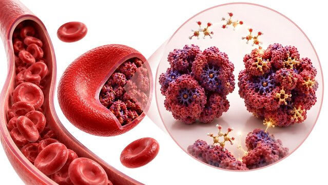 HbA1c Glycated Hemoglobin Formation and Long-Term Blood Glucose Monitoring Medical Illustration.