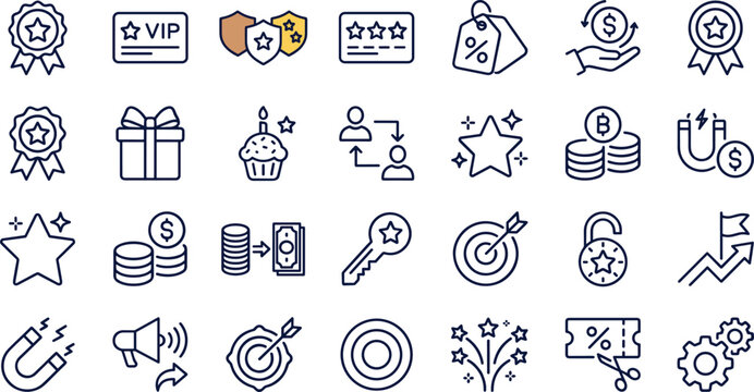 Customer Loyalty Program and VIP Reward Line Icon Set Featuring Discounts Referral Bonuses Gift Boxes Promotion and Financial Incentive Symbols for Web Graphic Designs