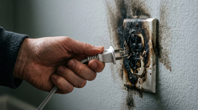 A hand attempting to plug in a white power cord into a severely burned and damaged electrical outlet on a white wall.