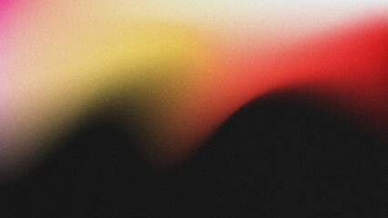Grainy warm abstract gradient background with soft curved color transition from cream yellow, rose red, down to deep black, textured noise grain effect. © yun visual