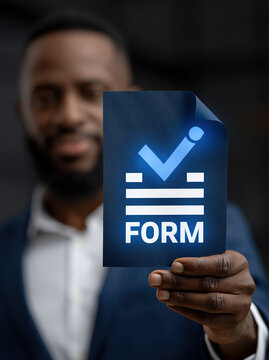 Form document hand man business office checklist approval consent legal digital blue paper file report administration data privacy officer