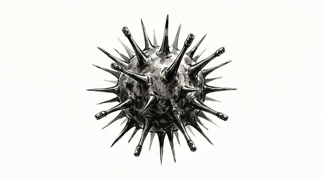 Ink Drawing Illustration of a Spiky Pollen Grain Micro Bot on White Background