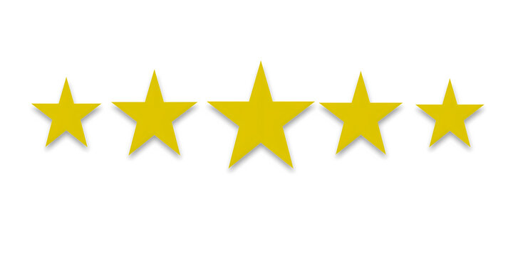 Five star customer rating feedback indicator row with subtle drop shadow png image.