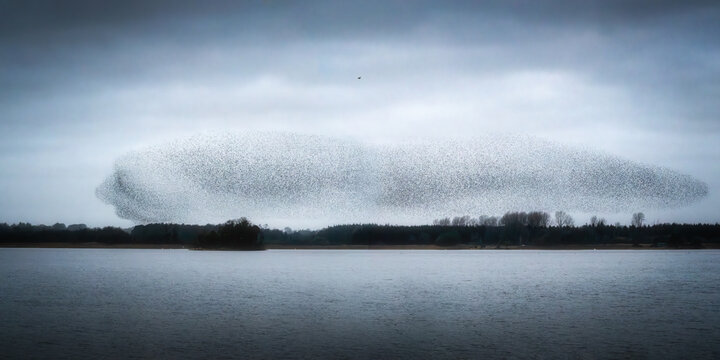 View of a massive starling murmuration forming a dense cloud over the calm waters of Lough Ennell with a dark treeline and overcast sky County Westmeath, Ireland.
