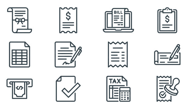 Invoice and bill payment editable stroke line icons set isolated on white background flat vector illustration pixel perfect