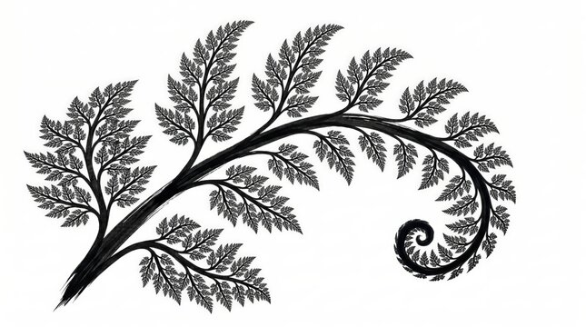 Elegant Black Ink Drawing of Fern Frond Forming Fibonacci Spiral Fractal Pattern. Background element