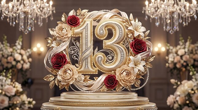 Elegant gold number thirteen with floral wreath for celebration