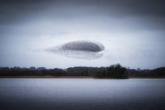 View of a massive starling murmuration forming a dark cloud over the calm waters of Lough Ennell with a small wooded island under a moody sky County Westmeath, Ireland.