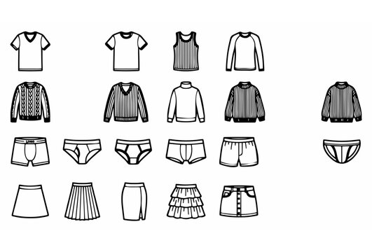 Modern apparel outline icon collection featuring undershirts sweaters underpants and skirts vector set
