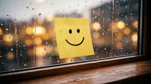 Yellow sticky note with smiley face on rainy window, representing happiness, optimism, and positive outlook despite gloomy weather, cheerfulness.