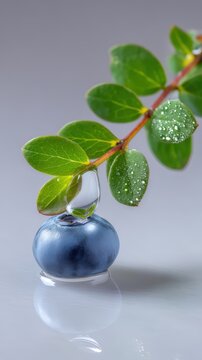 A single fresh blueberry with a dewdrop dripping from a green leaf