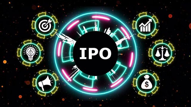 Ipo initial public offering concept with glowing neon business related elements.
