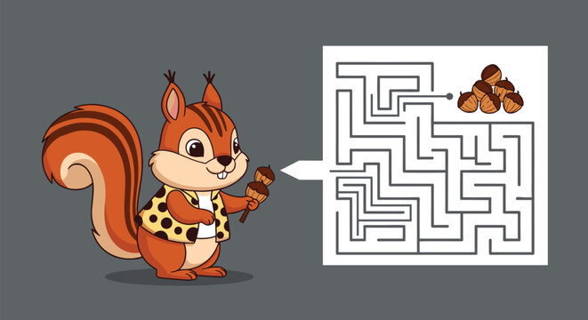 Educational maze activity features a cute cartoon squirrel in a patterned vest trying to reach a large pile of acorns in a logic puzzle game.