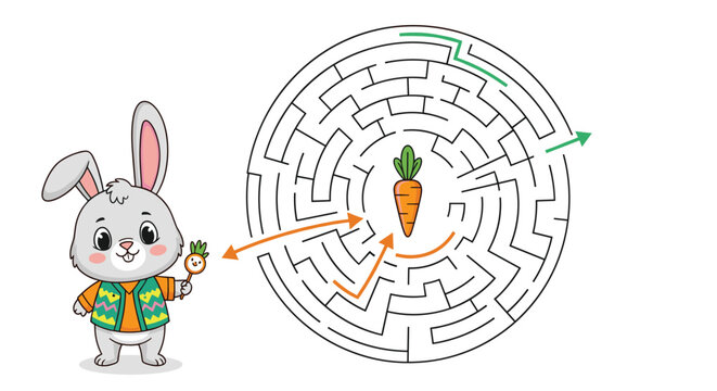 Adorable rabbit in a colorful vest holds a treat next to a complex circular maze leading to a large orange carrot in a logic puzzle activity.