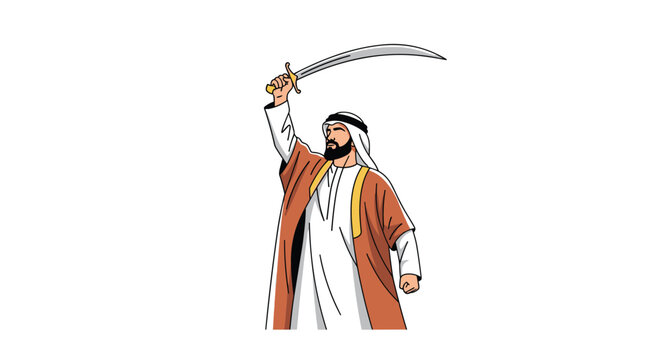 Proud man in traditional Arab clothing raises a curved silver sword high in a symbolic gesture of strength, heritage, and cultural identity.