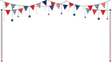 Fototapeta premium Patriotic USA Bunting Garland Border with Red White and Blue Flags and Hanging Stars Isolated on White Background Patriotic Celebration Banner Layout