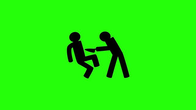 Dynamic 4K resolution asset showing a violent criminal attacking a victim with a sharp knife silhouette bouncing. Playful popup public safety web icon element.